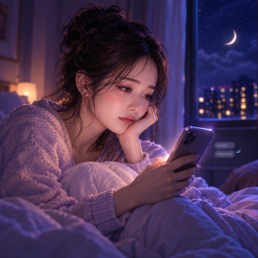深夜、既読のまま返信のないスマホを見つめる女性